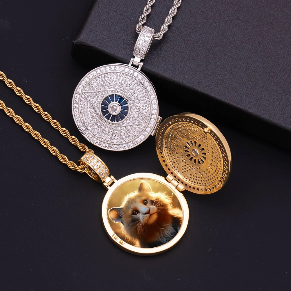 

35mm Iced Out Personality Eye DIY Custom Picture Frame Necklaces Hip Hop Brass Circle Memorial Photo Open Locket Pendant Jewelry