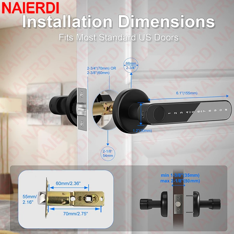 NAIERDI قفل الباب الذكي ببصمة الإصبع Tuya APP بلوتوث لوحة المفاتيح بطاقة دخول قفل الباب مع مقبض لغرفة نوم شقة المنزل