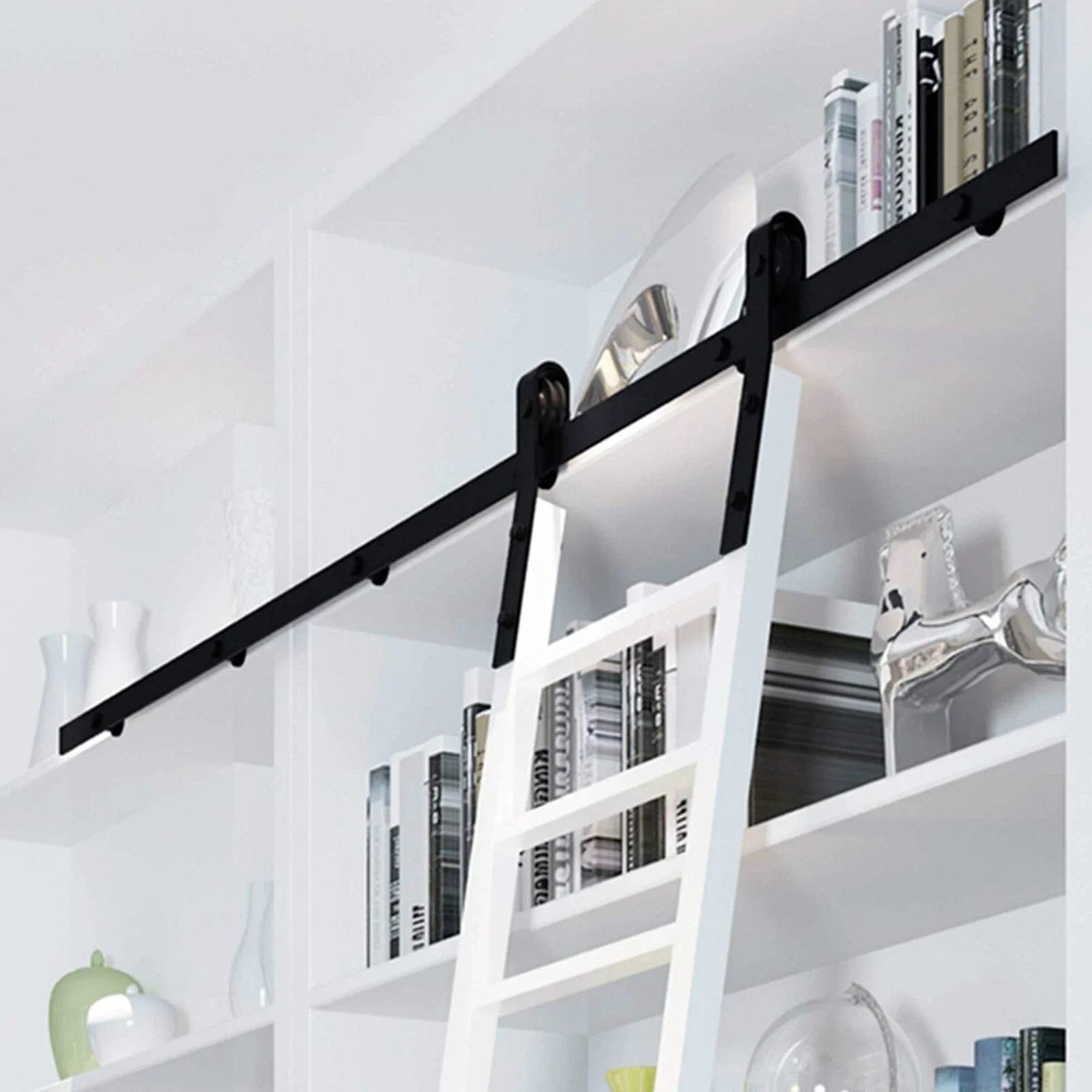 4FT-16FT Rolling Rustic Black Steel Sliding Library Office Ladder Hardware Track