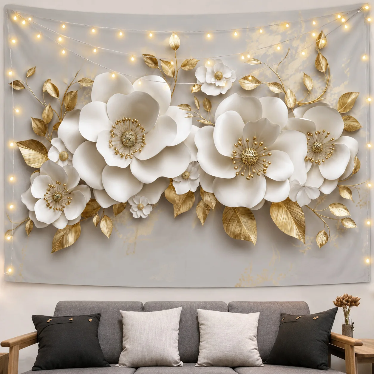3D White Floral Wall Tapestry with Golden Leaves, Luxury Flower Wall Hanging for Bedroom Living Room Home Decor