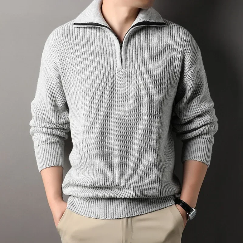 Mens Autumn and Winter Semi High Neck Knitted Sweater with Polo Collar for Outerwear