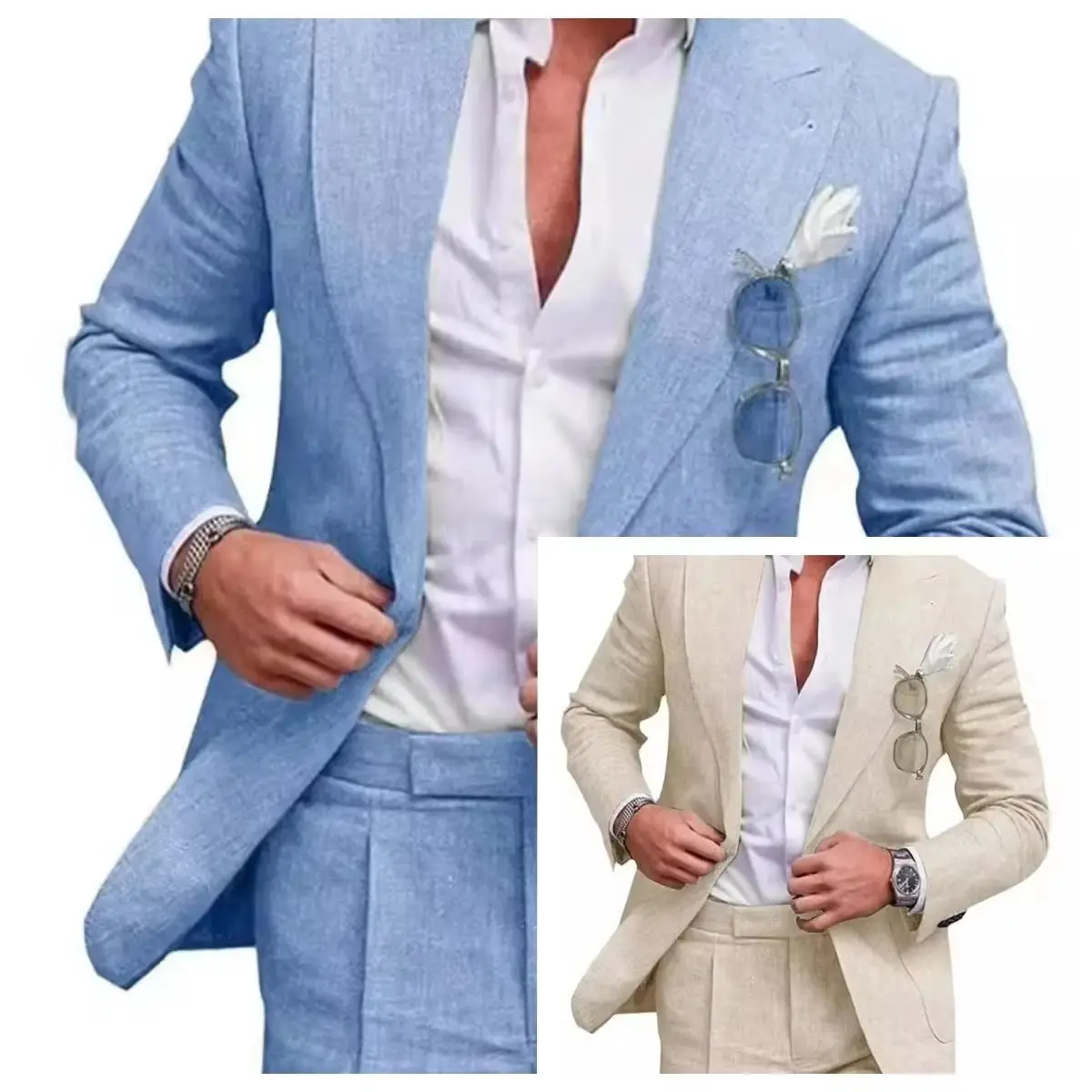 

Korean Version Linen Solid Color Business Two-piece Set, Men's Spring New Casual Back Slit Single Button Lapel Suit + Trousers