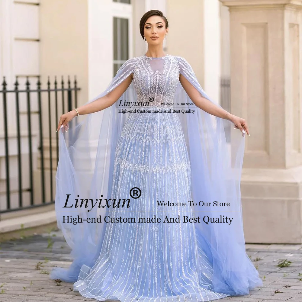 

Luxury Sparkly Crystal Prom Dresses Dubai Arabic Evening Party Gowns with Cape Customized Sleeveless سيرين هيل فسات