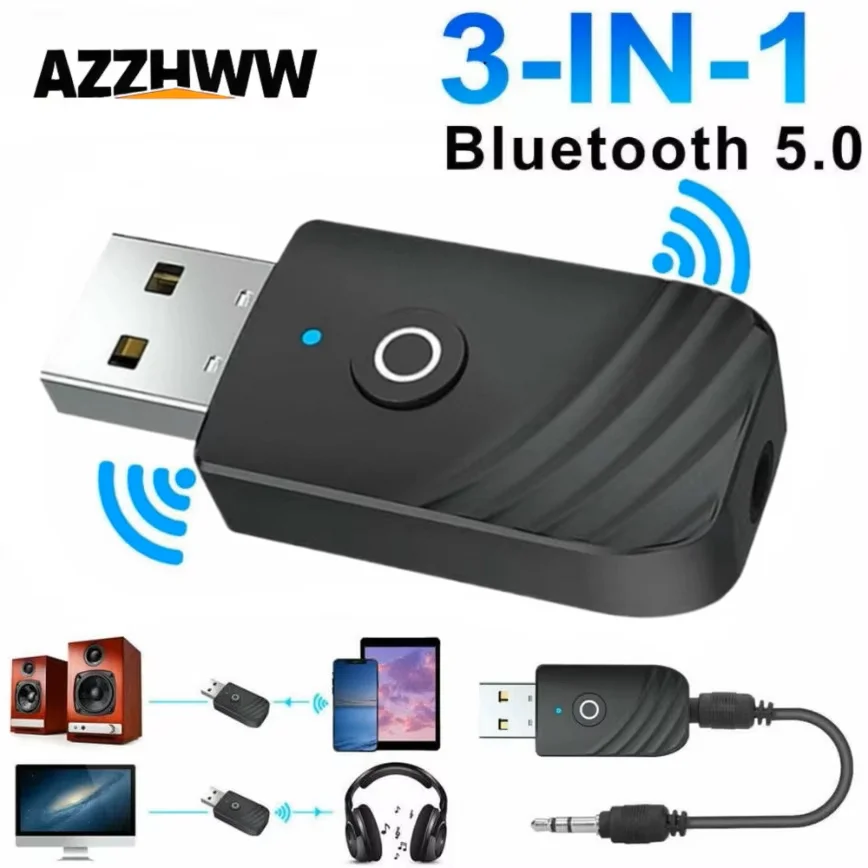 3-IN-1 USB Bluetooth 5.0 Transmitter Receiver 3.5mm AUX USB Bluetooth Adapter Dongle Transmitter for Car PC TV Home Sound System