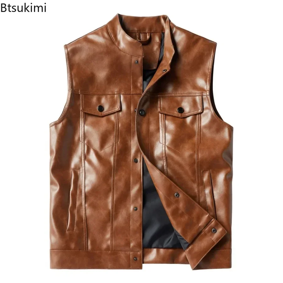 2025 Men's Trendy Solid Faux Leather Vest Motorcycle Stand Collar Sleeveless PU Leather Vest Jacket Multi-pocket Punk Vest Coats
