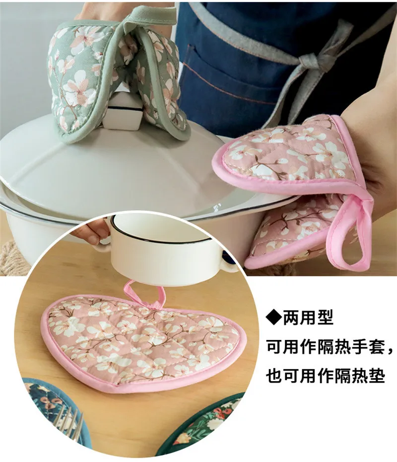 Japanische Blume Baumwolle gedruckt Backofen Handschuhe Home Küche heiß beständig herzförmige Hand Clip Isolierung Pad – Detail 12