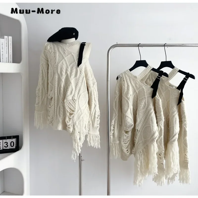 

2023 Winter Chic Hotsweet Casual Hollow Out Knitting Long Sleeve Pullovers Women Solid Color Loose Fit Ladies Sexy Sweater