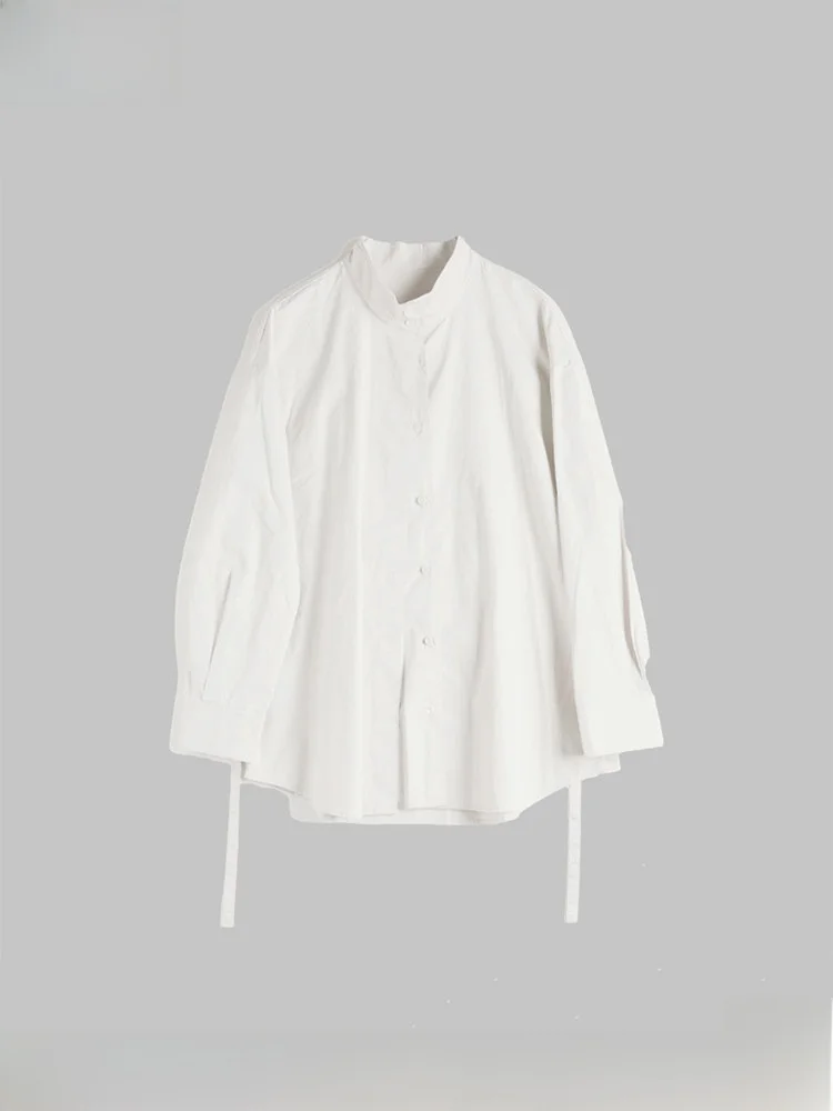 

Loose Long Sve Button up irt Women's Casual Faion Design f High Collar Silk Ribbon Detail Cotton Blend Top