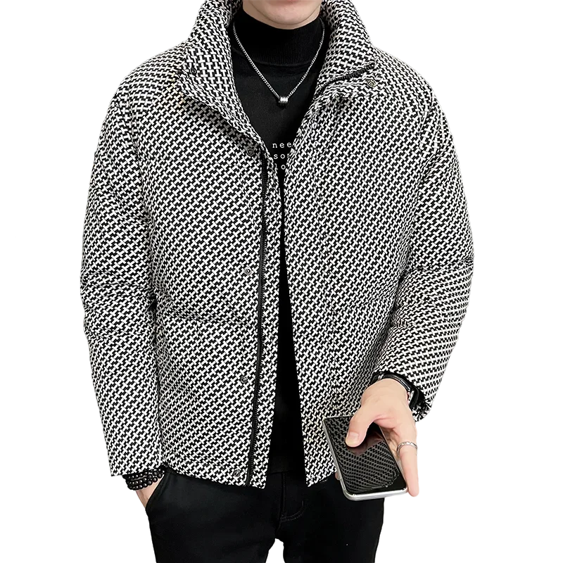 Winter New Simple Trend Stand-up Collar Men\'s Checked Jacket White Eiderdown Jacket Can Go with High-quality Warm Mens Coat