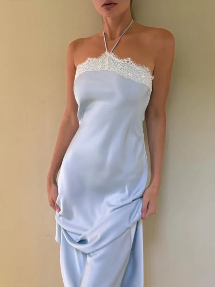 Dresses For Woman New Sexy Spliced ​​Lace Neck Halter Dress Contrast Backless Vestidos Temperament Casual Simple Style Fashion