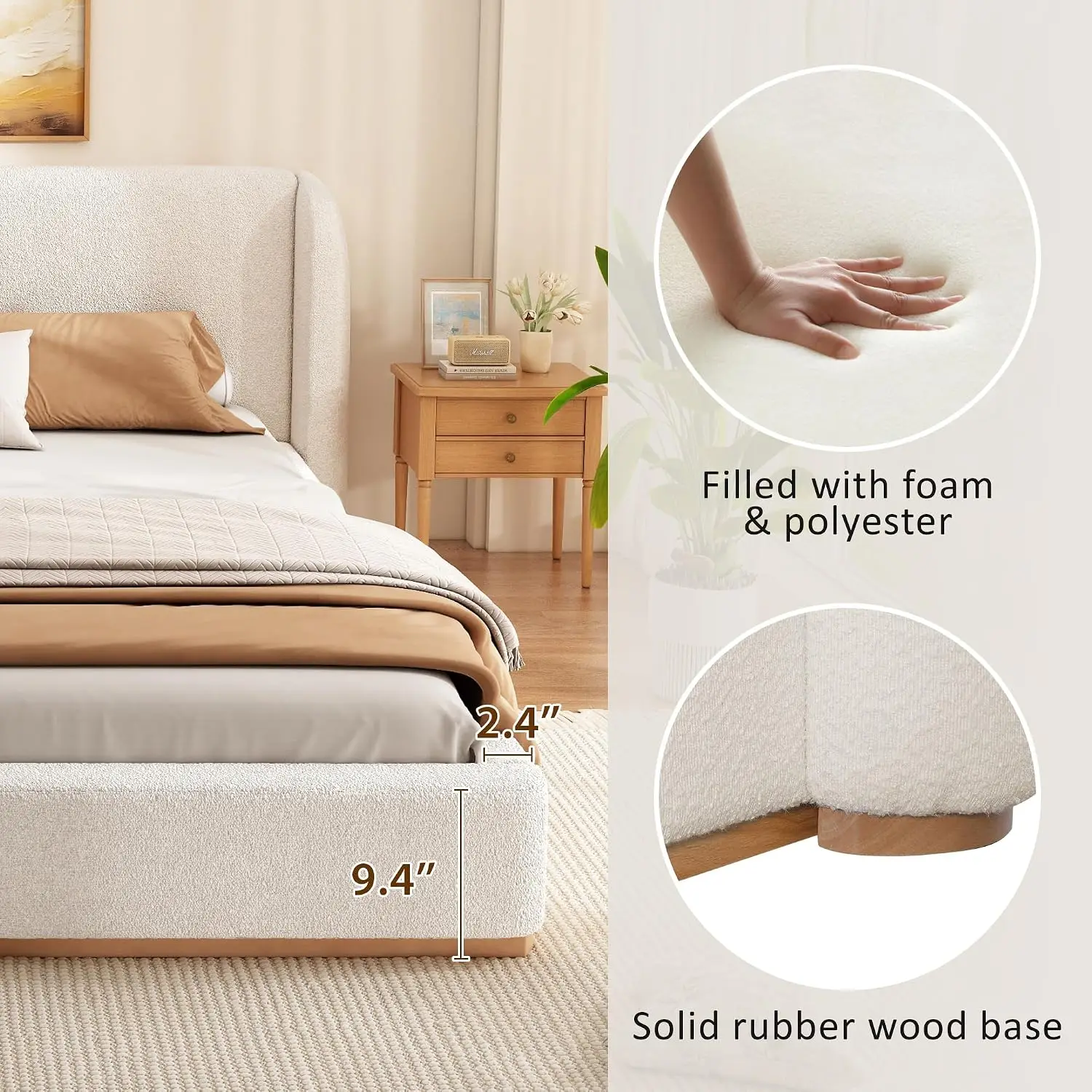 California King Size Upholstered Ground Bed Frame with Boucle Wingback Headboard, Modern White Fabric Platform Bed, Customized image 5