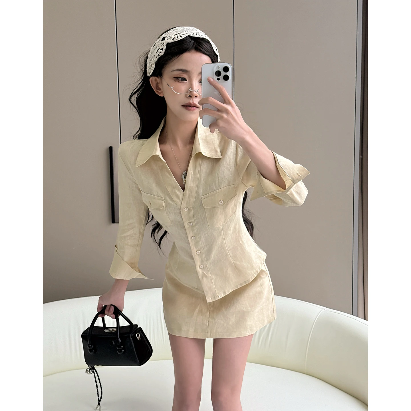 

Комплект MianCun Intelligent Oxygen Sensation: Оригинальная льняная юбка-полусолнце и свободный повседневный топ с длинным рукавом для женщин (OOTD)