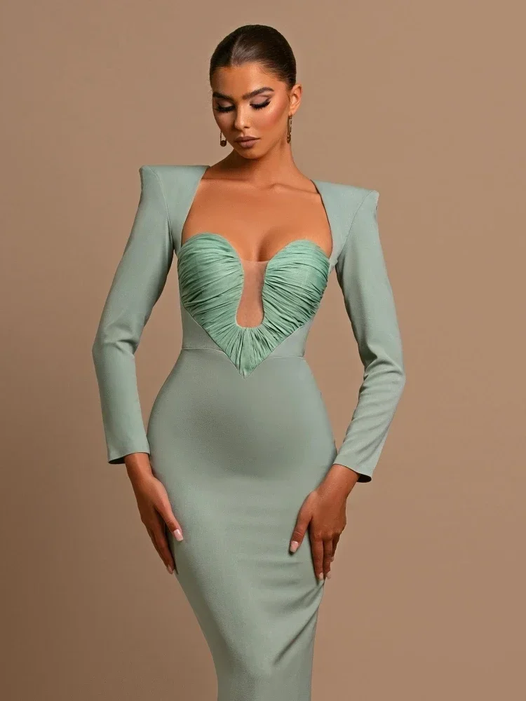 Seksowna głęboki dekolt patchworkowy projekt fałd długa sukienka kobiety akwamaryn czarny z długim rękawem Hollow Out obcisłe sukienki wieczorowe sukienki na przyjęcie