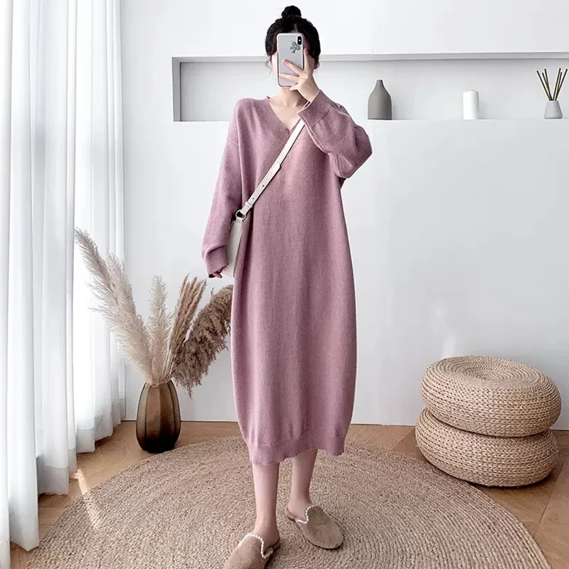 

New Women Autumn Winter Loose Sweater Dress Fashion V-Neck Long Sleeve Knitted Pullover Dress Simplicity Casual Long Sweater