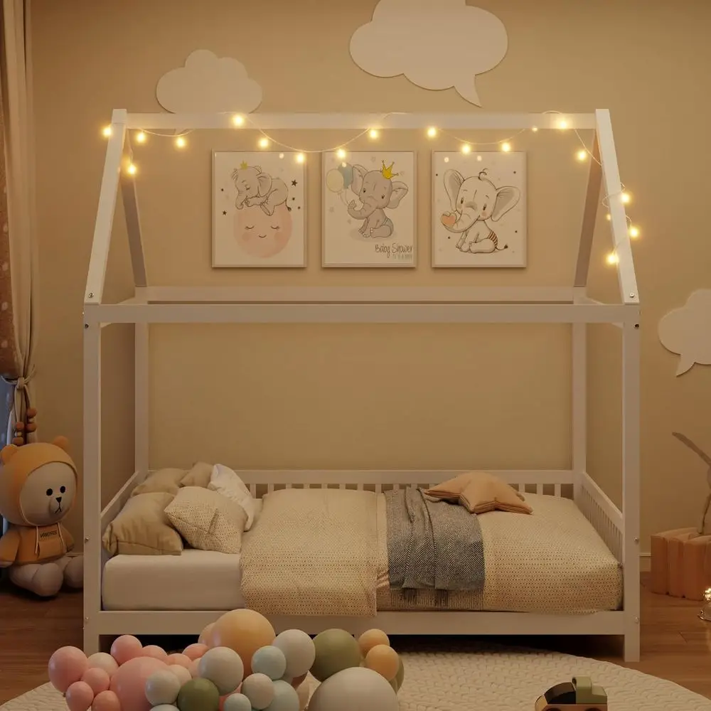 

Деревянная кровать-домик Harper & Bright Designs размера Full Size, кровать Монтессори с LED-подсветкой и защитными бортиками для детей, игровой домик