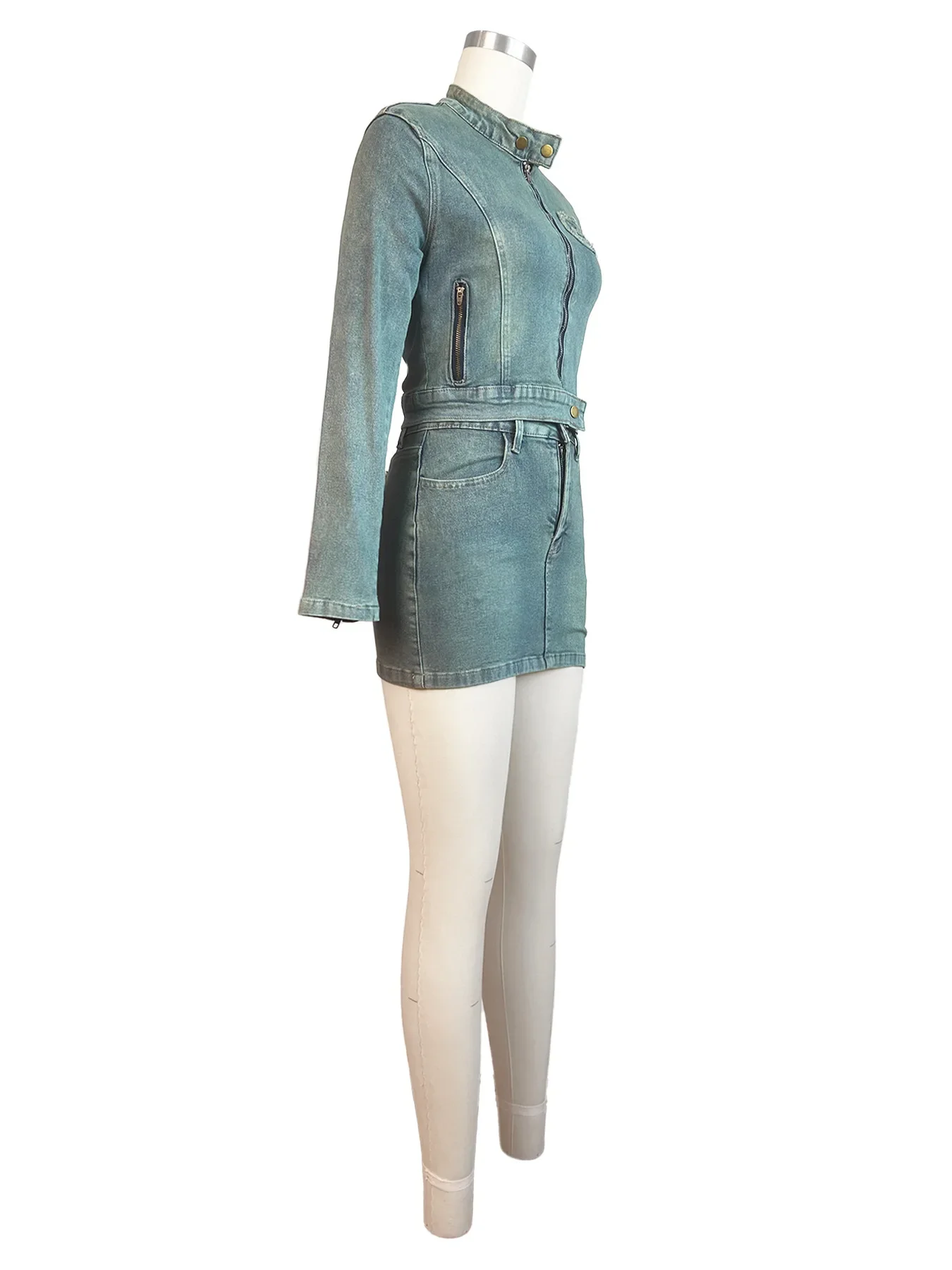 Vrouwen Rok Sets Tweedelige Denim Jas Rits Stand Kraag Top Midi Taille Mini Rokken Zakken Slim Fit Lady High Street