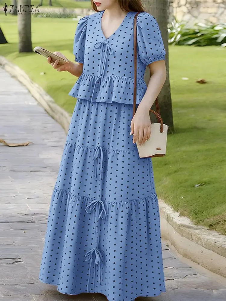 

Элегантные женские комплекты из 2 предметов ZANZEA, летние комплекты платьев 2025 года, офисная одежда, спортивный костюм в горошек, блузка с короткими рукавами, костюм с макси-юбкой