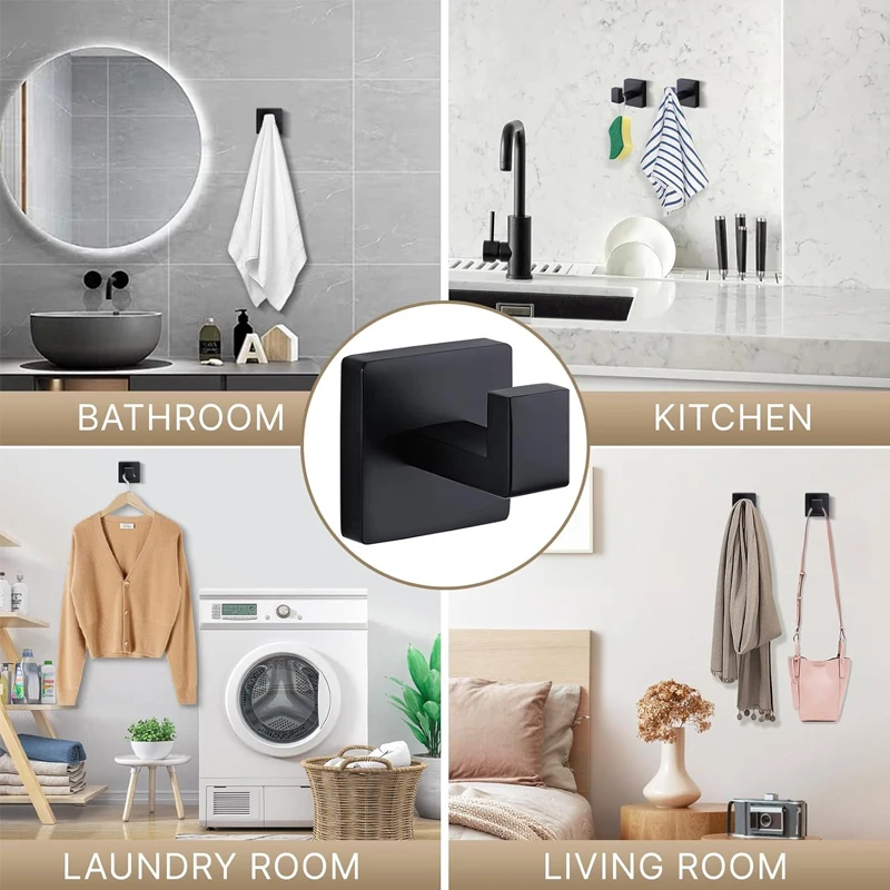 Matte Black Towel Hook Stainless Steel Heavy Duty Wall Mounted Robe Coat Hooks Bathroom Kitchen Closet Square Modern Rack view 6