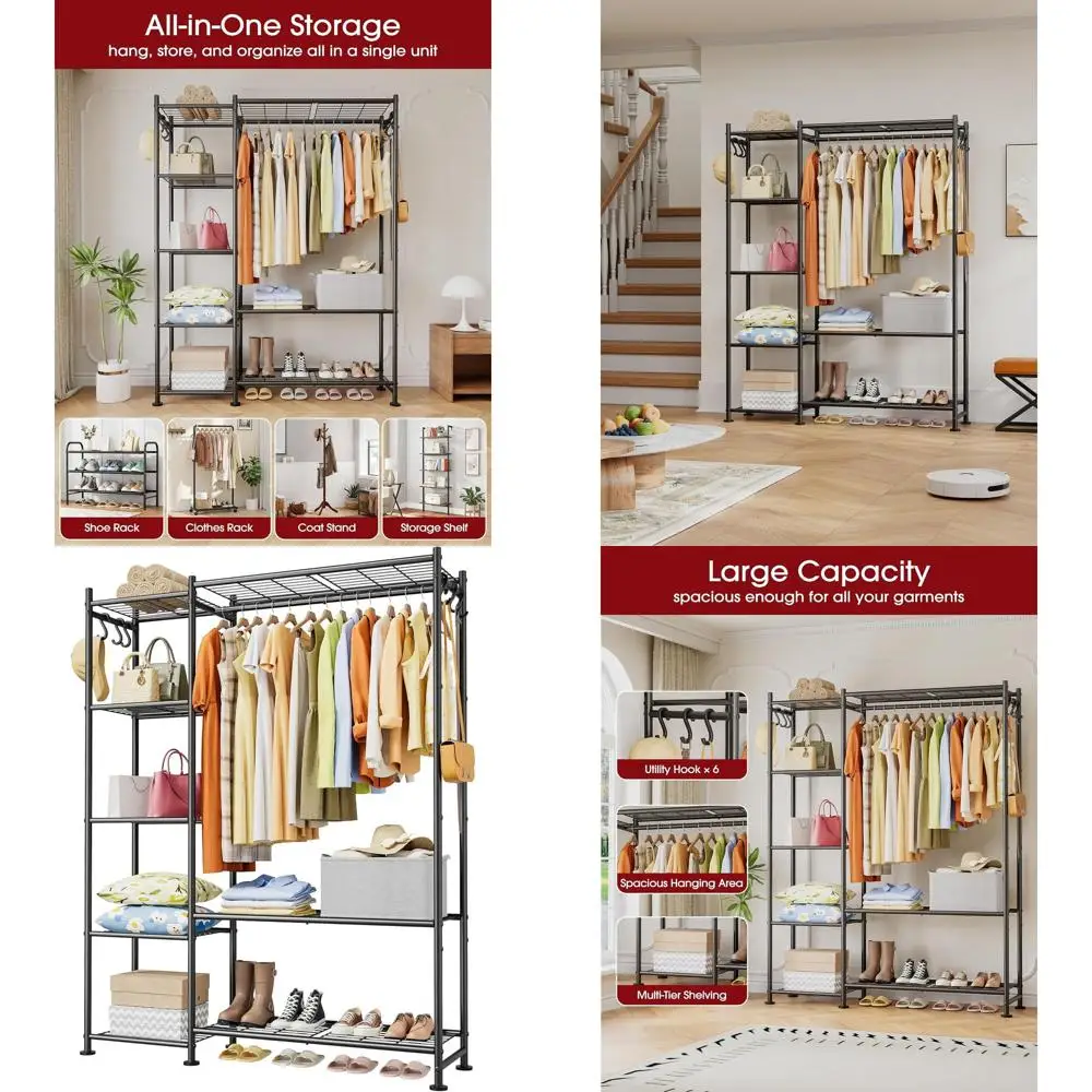 

Closet Organizers and Storage - Free-Standing Clothes Rack with Leveling Feet & Wall-Anchor Straps, Wardrobe Closet with 6 Hooks