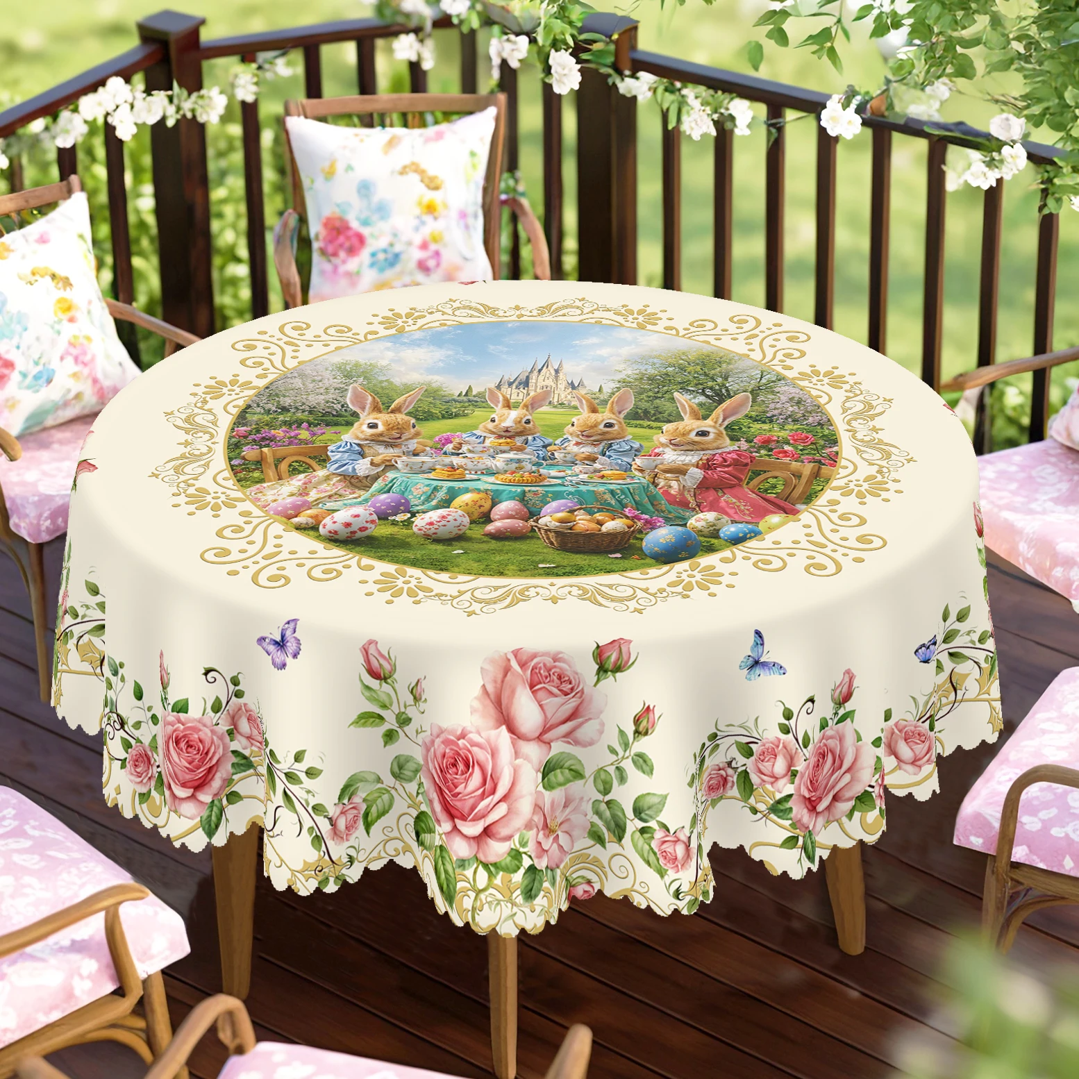 1 pieza de mantel redondo con estampado floral de conejito de Pascua, disponible en varios tamaños, mantel redondo impreso