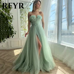 RFYR Fairy Green فستان سهرة A-line Tulle Tiered Skirt Prom Dresses Strapless Handmade 3D Flowers High Side Slit Evening Gowns