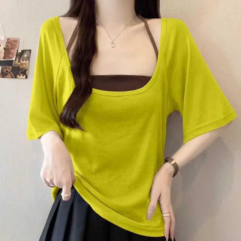 Lime Green Batwing Sleeve Loose T Shirt Short Crop Top for Women Summer Casual Beach Wear Solid Color Comfortable Tee