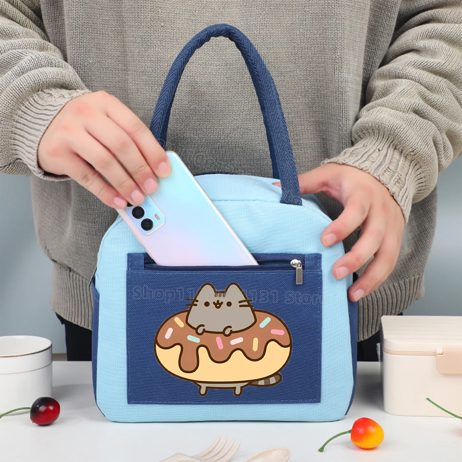 Pusheen Cat Insulated Lunch Bag for Kid Kawaii Handheld Thermal Bag Portable Lunch Bags Anime School Lunch Bag Pack Xmas Gift