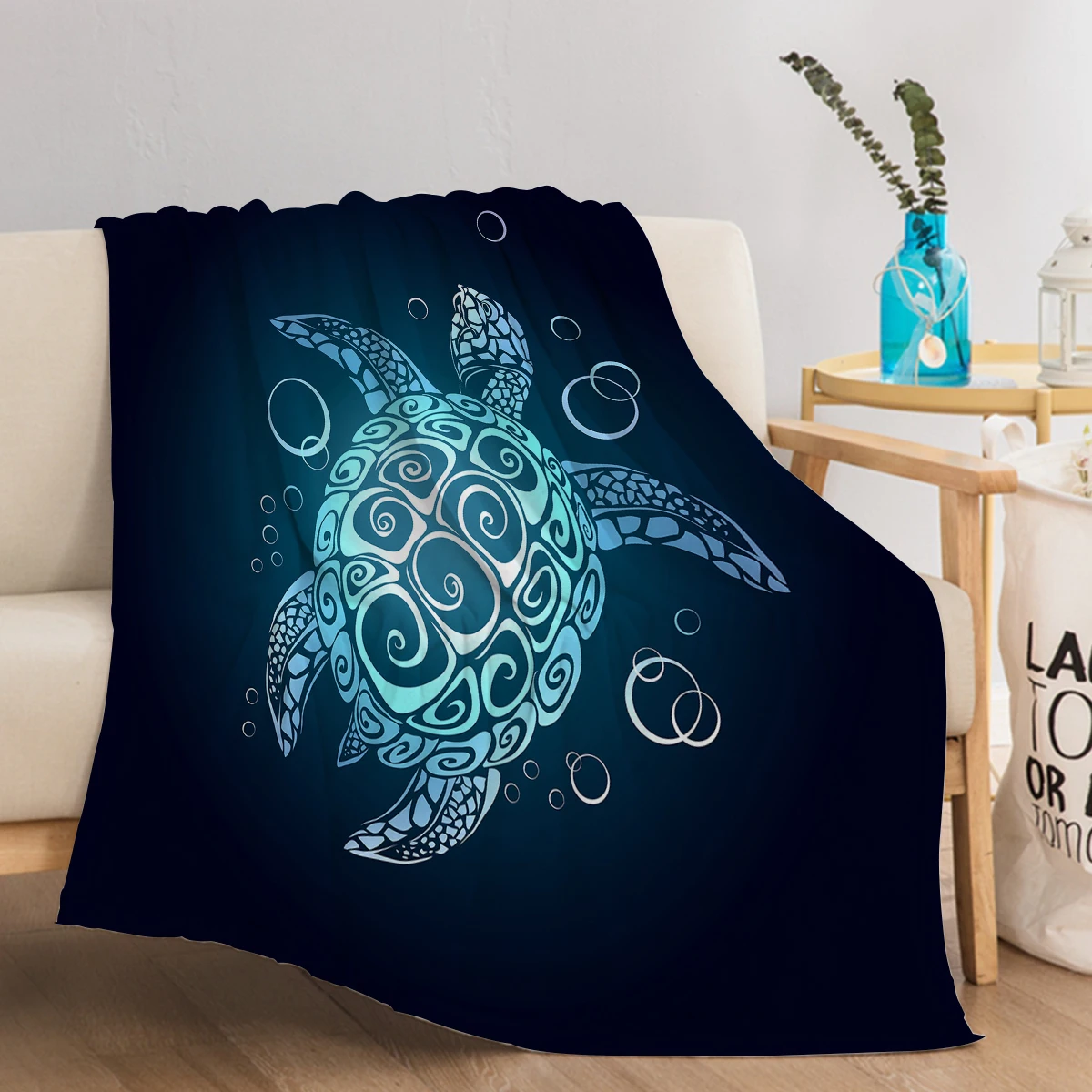 Blue Sea Turtle Blanket Sea Turtle with Bubbles Printed Throw Blanket All Season Warm Fuzzy Blanket for Living Room Bedroom