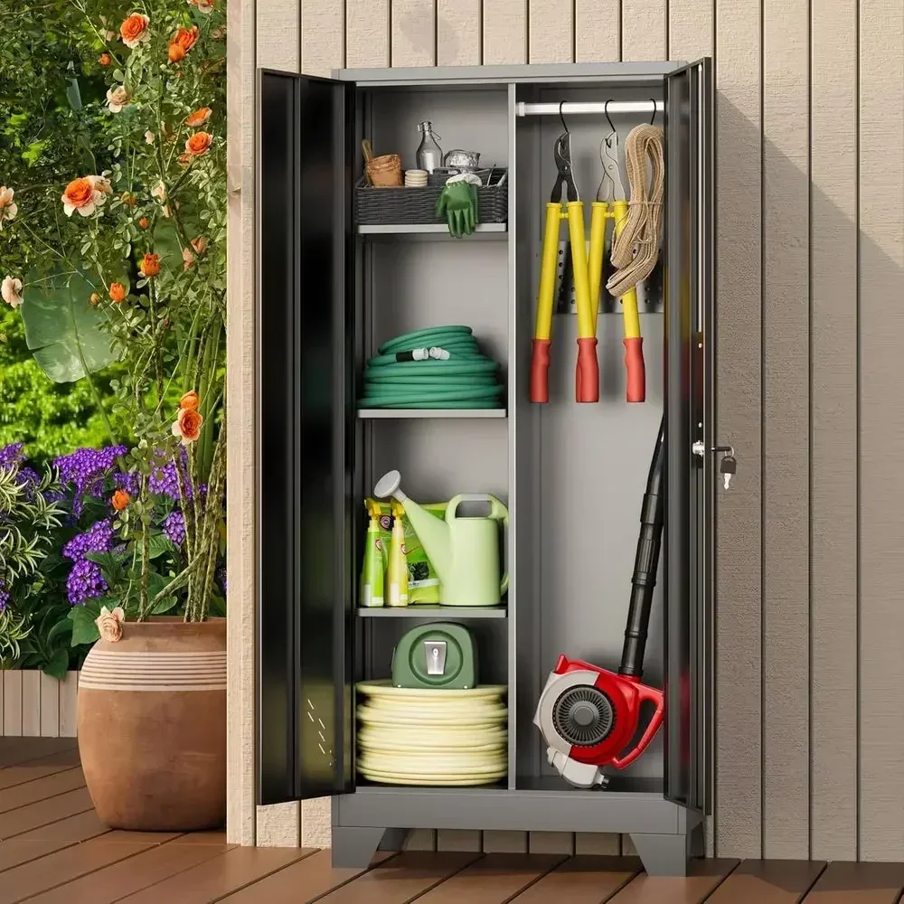 Heavy-Duty 61 Metal Outdoor Storage Cabinet with Ventilation, Lockable, Pegboard Hooks, Ideal for Garage, Garden & Patio, Easy A
