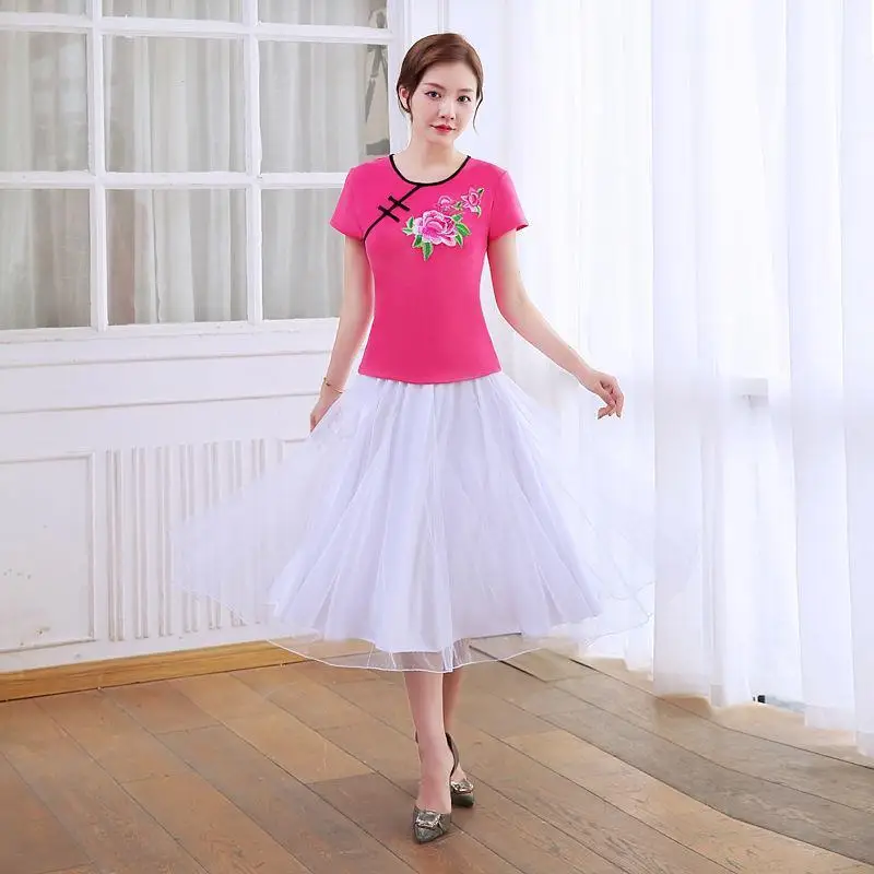 

New Square Dance Outfit Short Sleeve Embroidered Top with White Tulle Skirt Set for Middle-Aged And Elderly Fitness Exercise ...