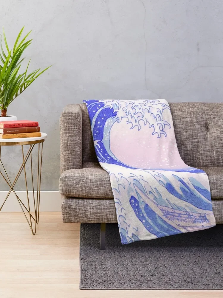 Great Wave Pastel Aesthetic Kawaii Pink Kanagawa Japanese Throw Blanket anime Luxury Blankets