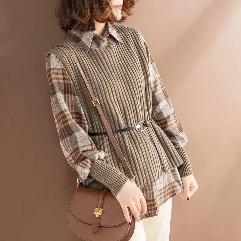 Imagem -02 - Conjunto de Camisa de Manga Comprida Xadrez Feminina Colete Solto de Malha Roupa Feminina Vintage Moda Coreana Outono Inverno Peças