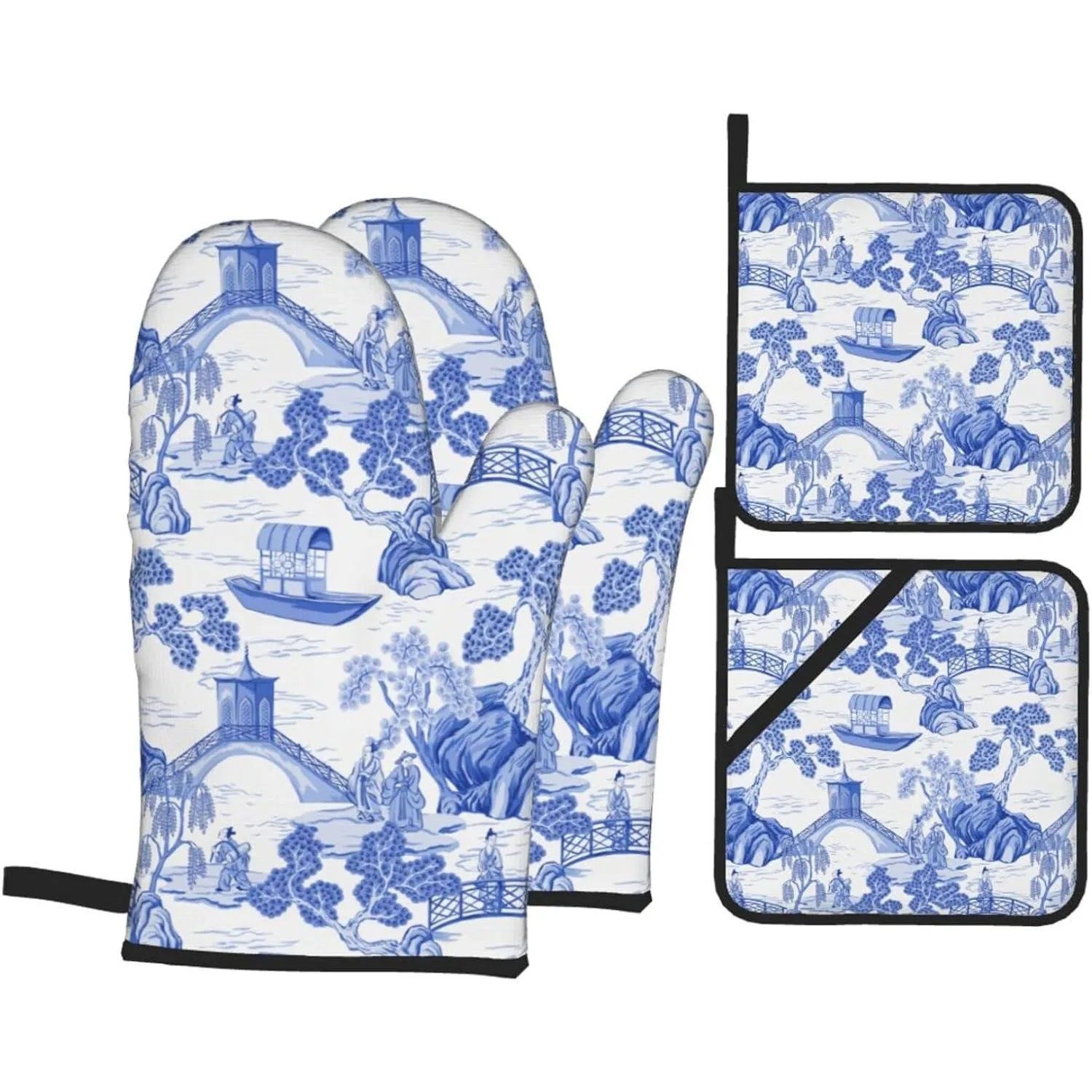 

Синие рукавицы для духовки и подставки для кастрюль в стиле шинуазри-пагода, белые, набор из 4 рукавиц и подставок для духовки, термостойкие перчатки для кухни