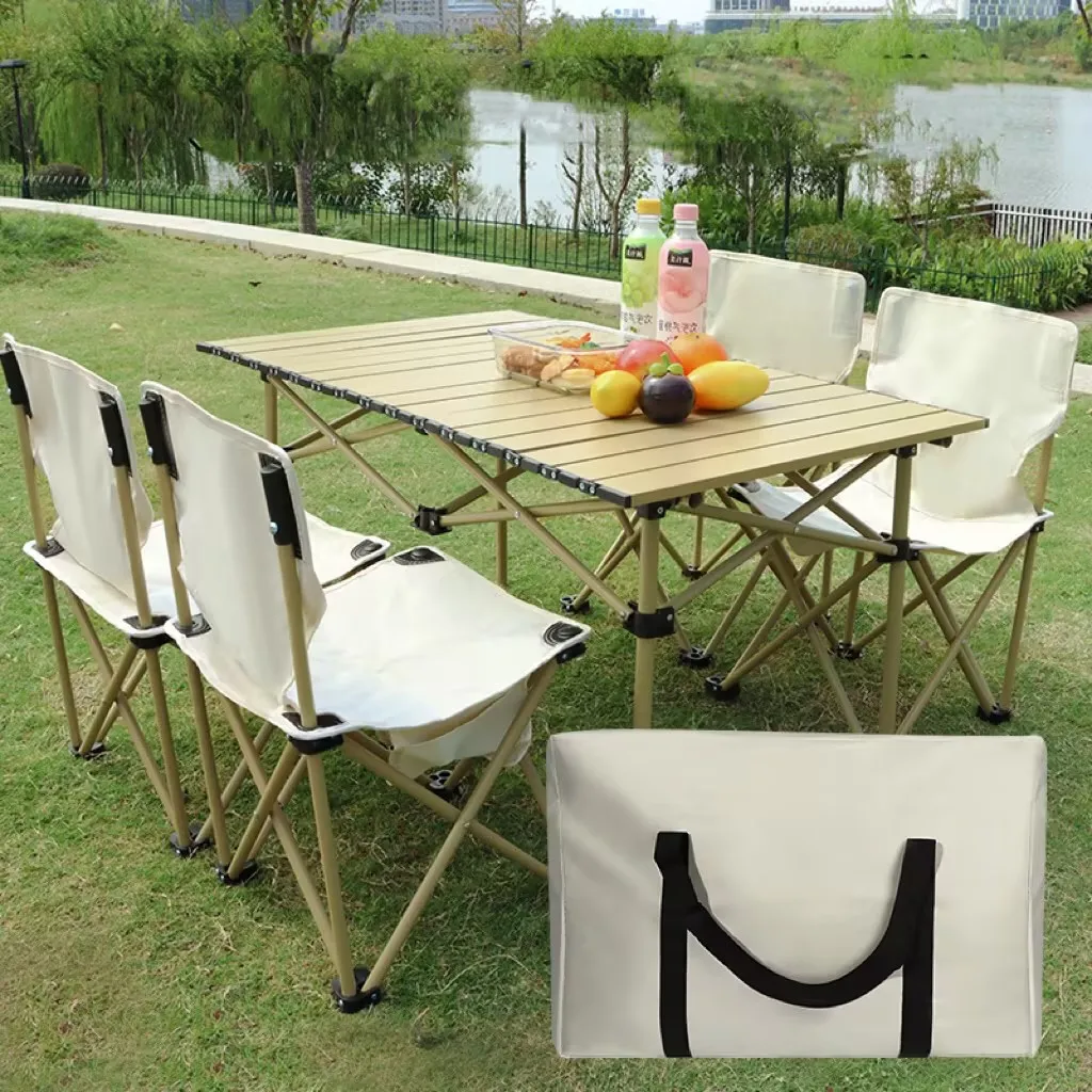 Outdoor folding table and chair set, portable camping chair, egg roll table, aluminum alloy camping table with chair
