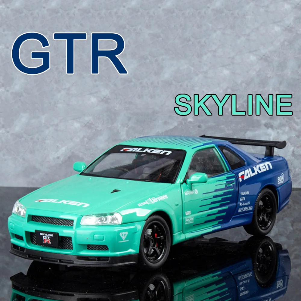 1:24 Nissan GTR SKYLINE Models Sports Cars Toys Wheel Pull Back Vehicle Rubber Tires Light Music Supercar Perfect Gifts for Boys