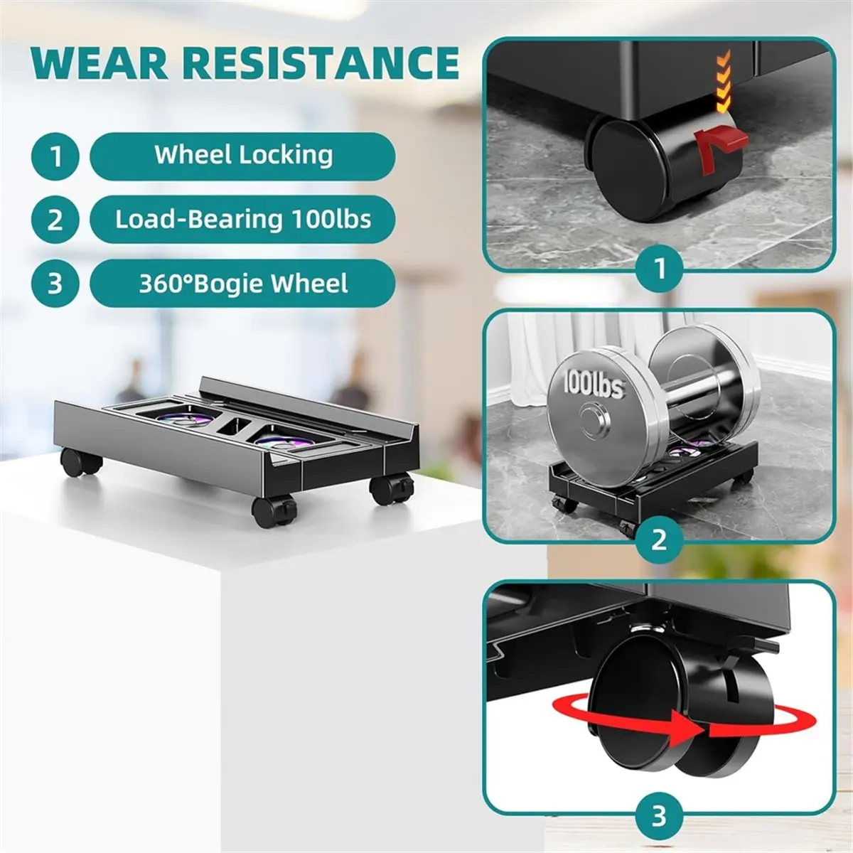 Adjustable CPU Holder with Cooling Fan and RGB Light, Under Desk Computer Tower Stand PC Floor Cart PC Riser