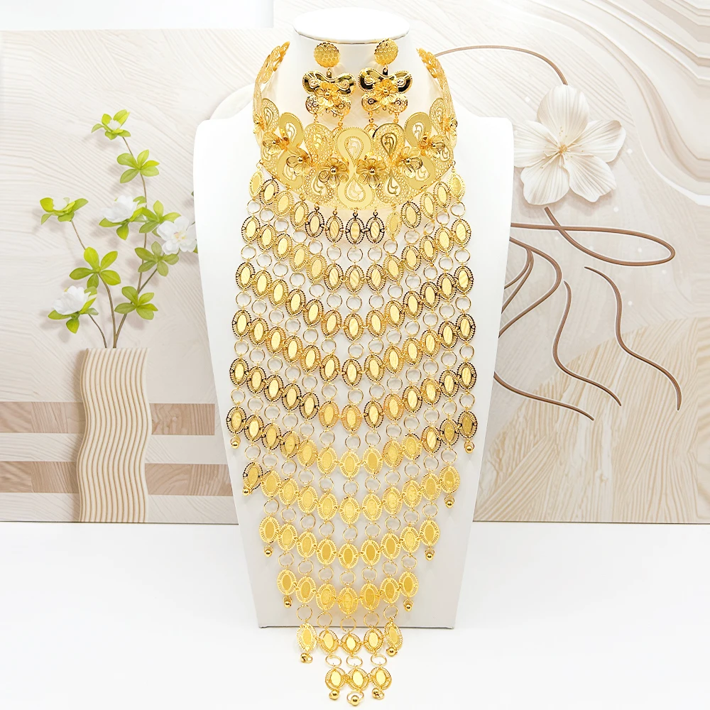 

Long Necklace Fashion Large Jewelry Drop Earring Set Jewelry Gold Color African Earring Dubai Necklace Wedding Party Designs