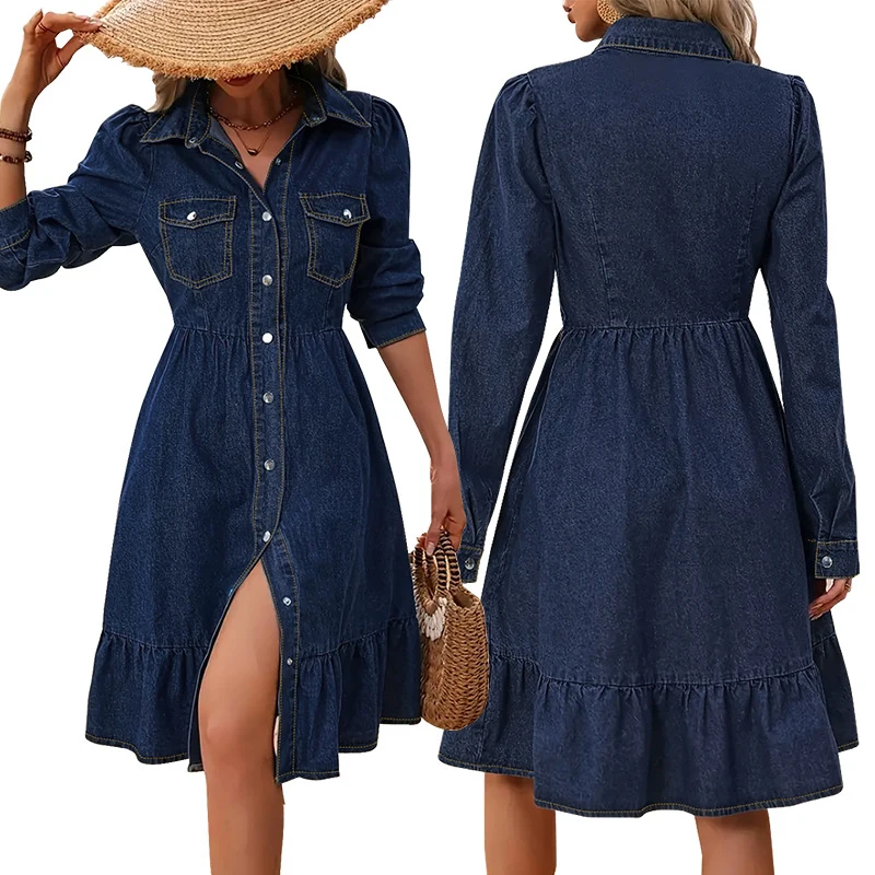 

Women's European Style Long Sleeve Lapel Mid-Length Dress Fashionable Elegant Casual Maxi Skirt for Ladies