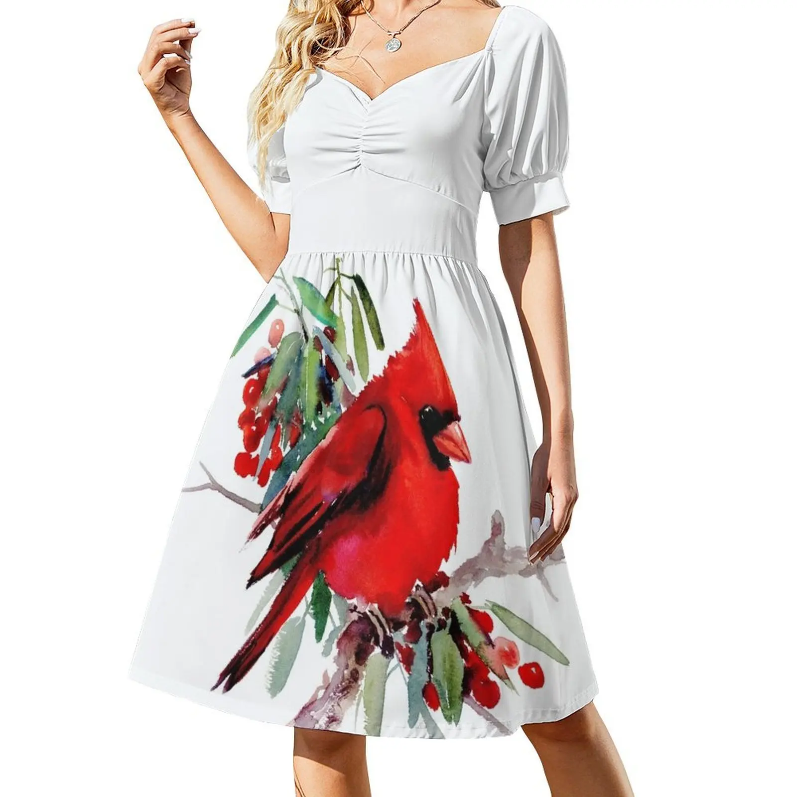 

Red Cardinal Short-Sleeved Dress wedding guest dress 2025 dress women summer long sleeve