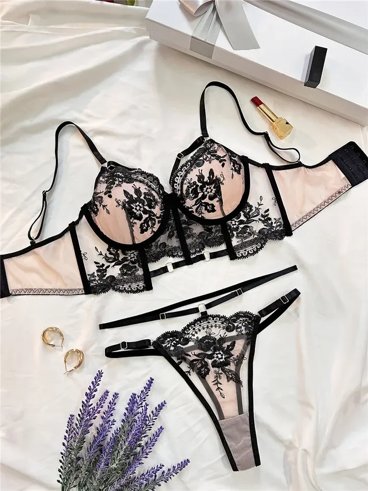 

Sexy Bra Brief Set Women Lace Embroidery Floral Lingerie Fairy Seamless Double Straps Underwear See Through Exotic Set Bra Sets