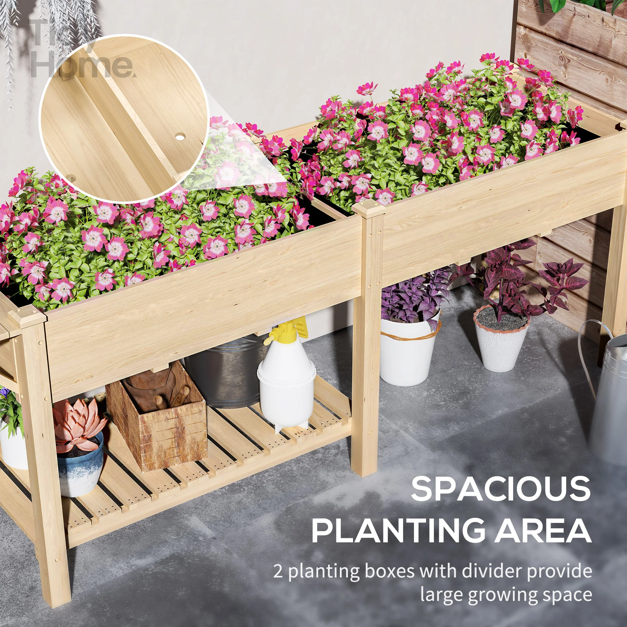 

Raised Garden Bed, Wood Elevated Planter Box with Side Table, Bottom Shelf, Outdoor Raised Planter with Bed Liners Drainage