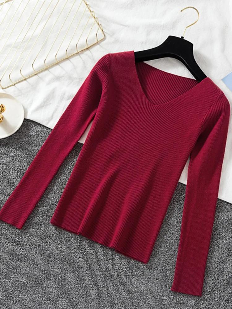 JMPRS Spring Sweater Women Pullover Elastic Knitted Jumper Long Sleeve V-neck Autumn Basic Female Top Knitwear Sueter Mujer