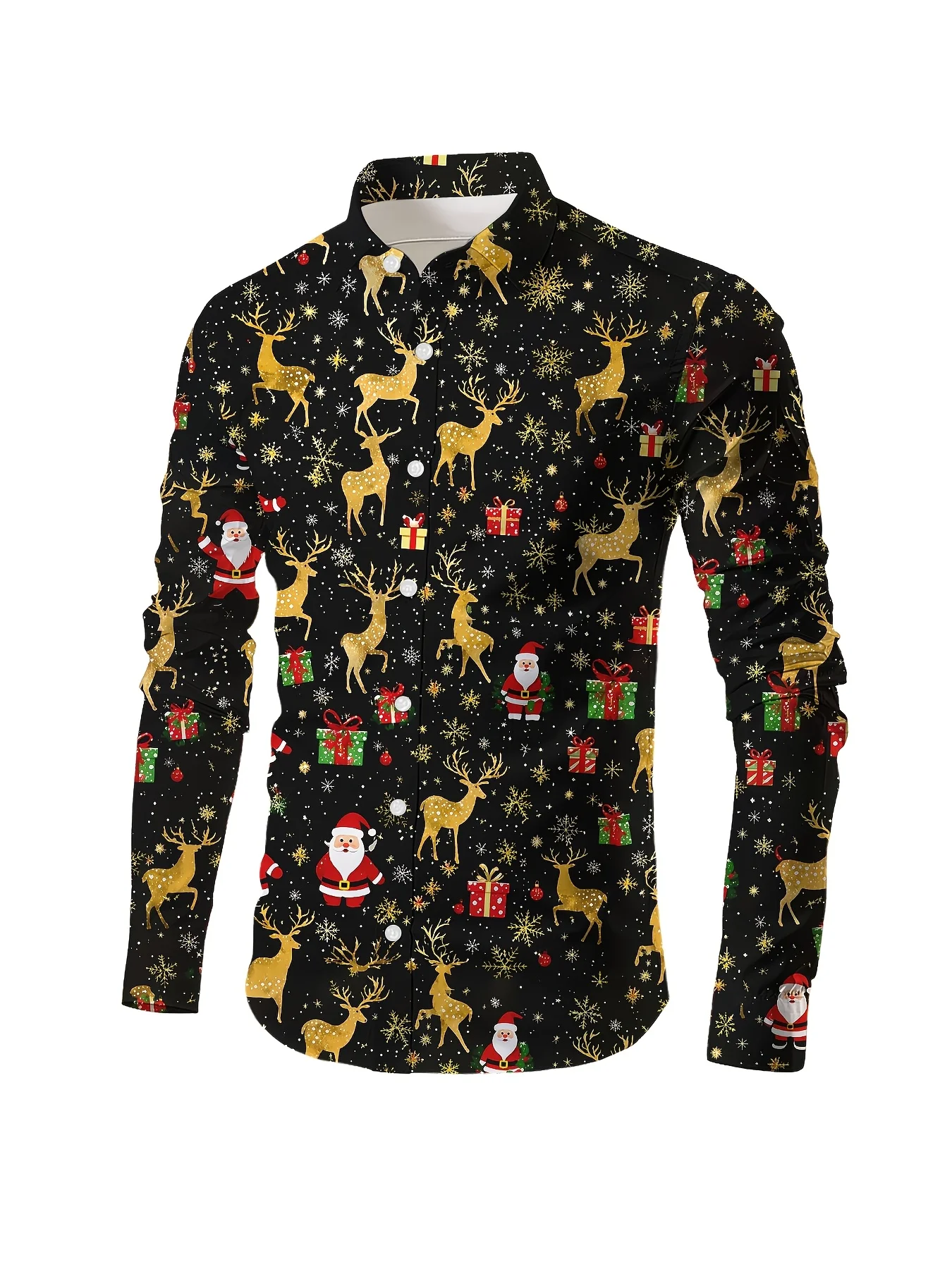 Men Long Sleeve Button Down Shirt Black Golden Reindeer Santa Gift Snowflake Print Polyester Lapel Collar Xmas Party