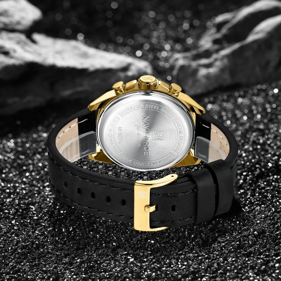 NAVIFORCE Jam Tangan Tangan Tali Kulit Asli Casing Aloi Jam Tangan Kasual Jam Tangan untuk Pria Tahan Air dengan Tanggal Bercahaya