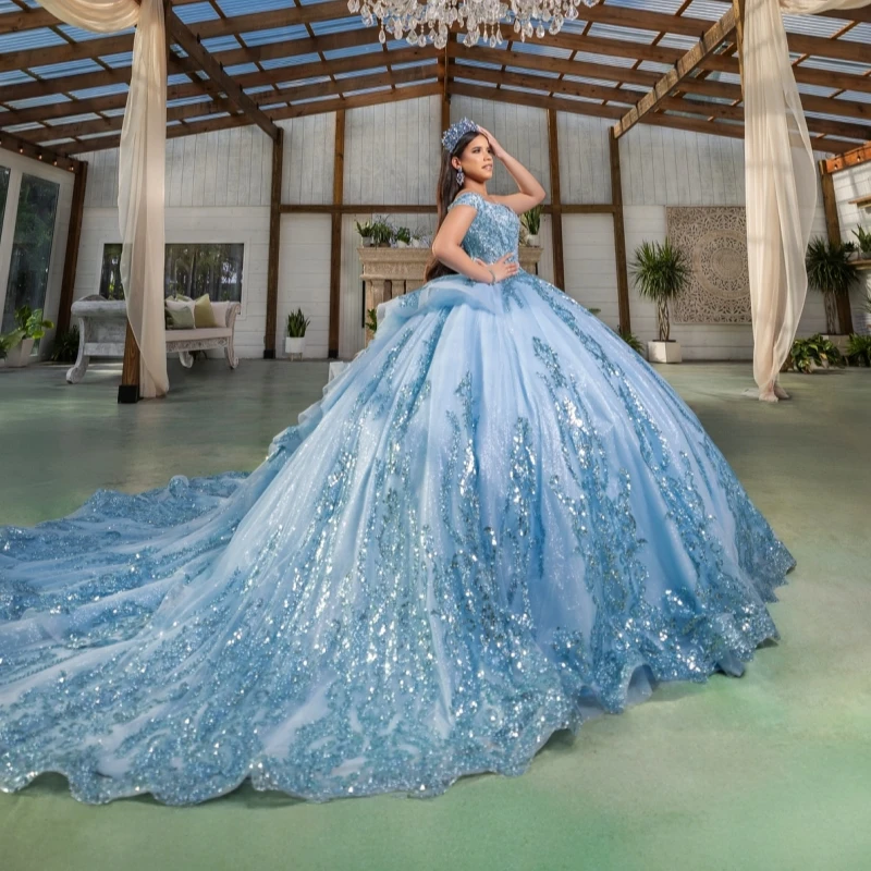 

Light Blue Shiny Quinceanera Dresses Ball Gown Off The Shoulder Sequin Applique Lace Beads Tull Corset Party Birthday Sweet 16