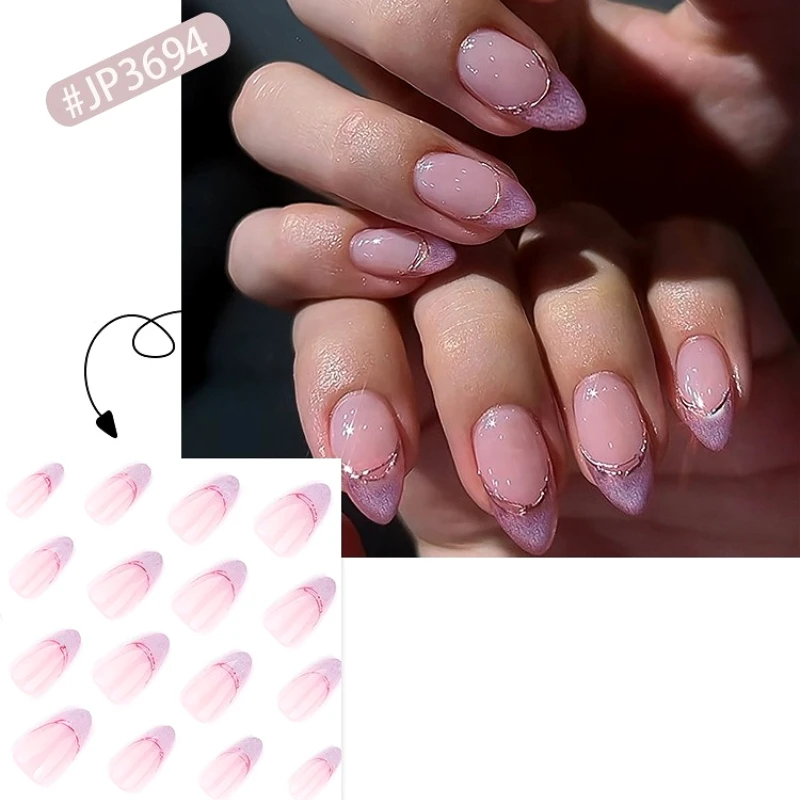 

French Romantic Blue Purple Glitter Powder Nail Art Delicate Glitter Fake Nails Detachable Finished False Nails Press on Nails