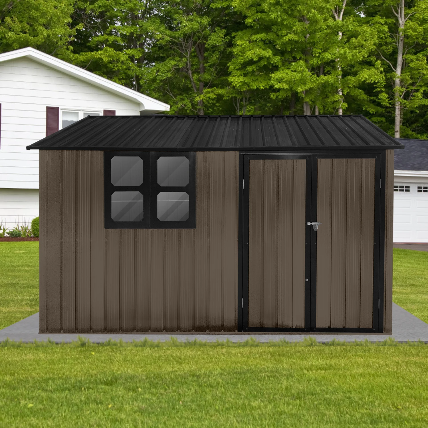 Metal Garden Shed 10ftx8ft Brown+Black Outdoor Storage with Window