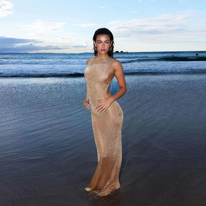 Women's New Sexy Backless Slim Solid Color Split Spaghetti Strap Maxi Bodycon Dress Beach Holiday