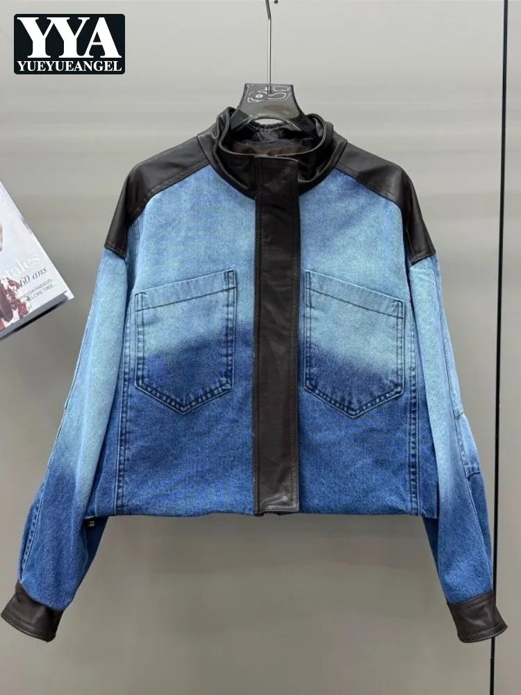 Fashion Women Denim Jacket Spliced Genuine Leather Stand Collar Streetwear Motorcycle Short Coat Casual Spring Autumn Outerwear