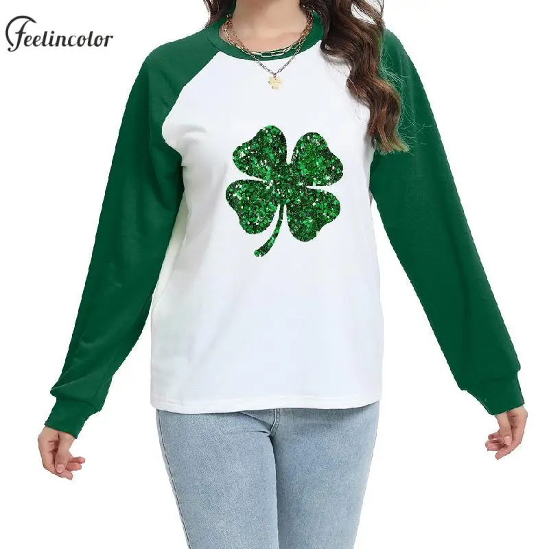 St. Patrick's Day Women Sweatshirts Lucky Irish Clover Print Pullover Green Casual O Neck Sweatshirt Holiday Female Clothing